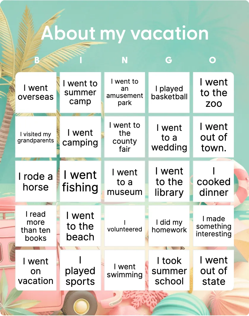 About my vacation bingo card template