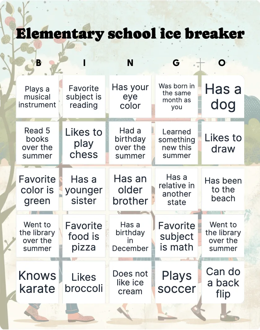 Elementary school ice breaker bingo