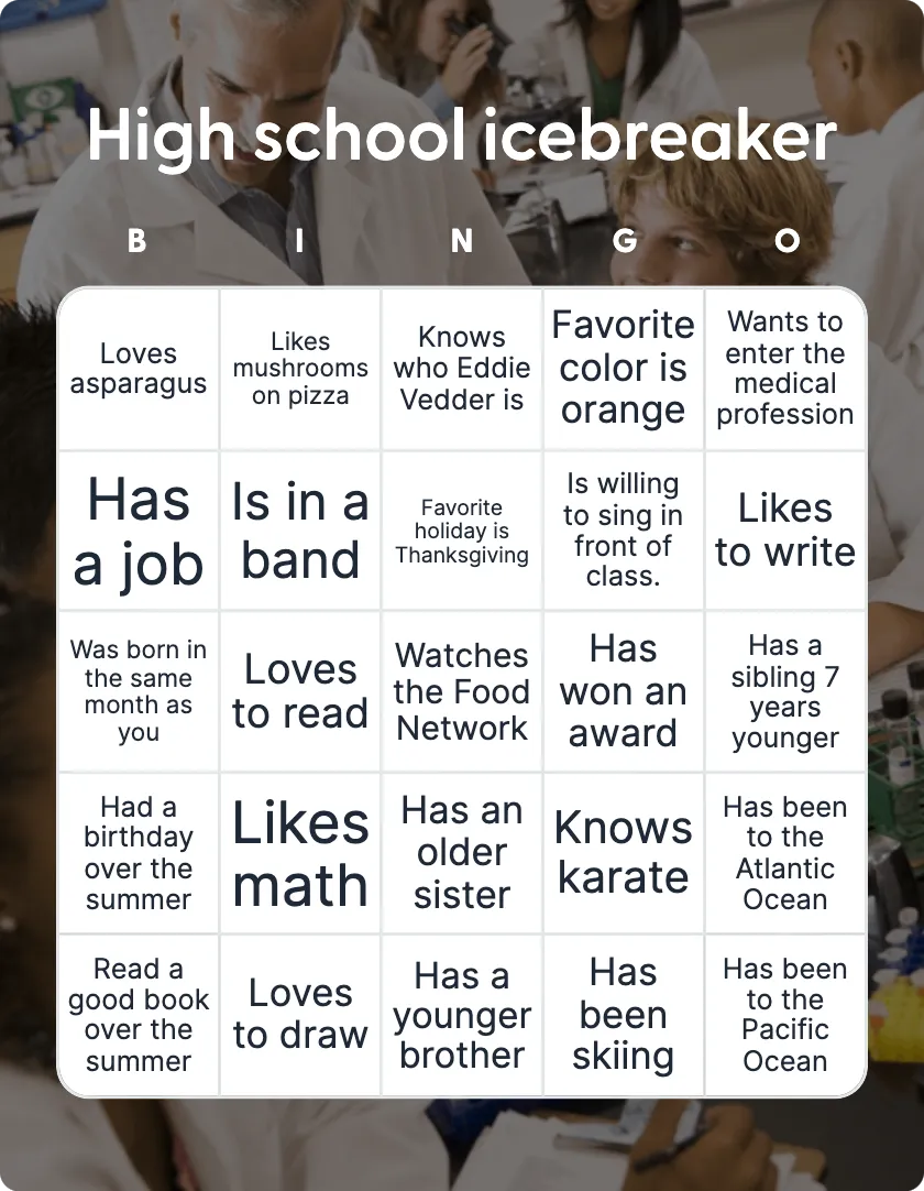 High school icebreaker bingo card template