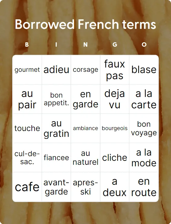Borrowed French terms bingo