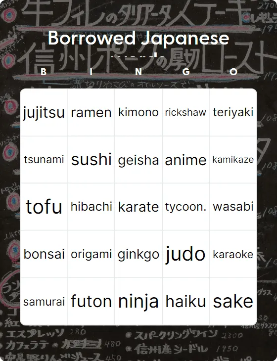 Borrowed Japanese words bingo