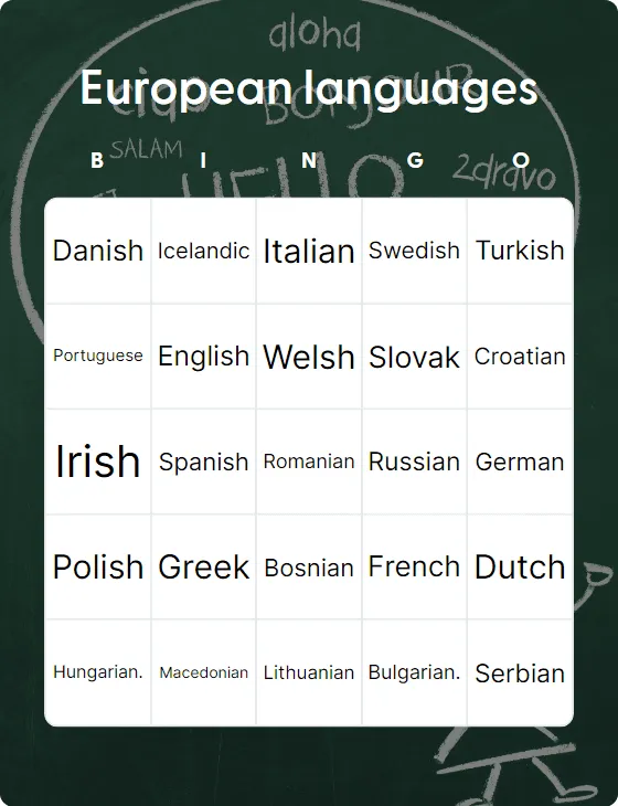 European languages bingo