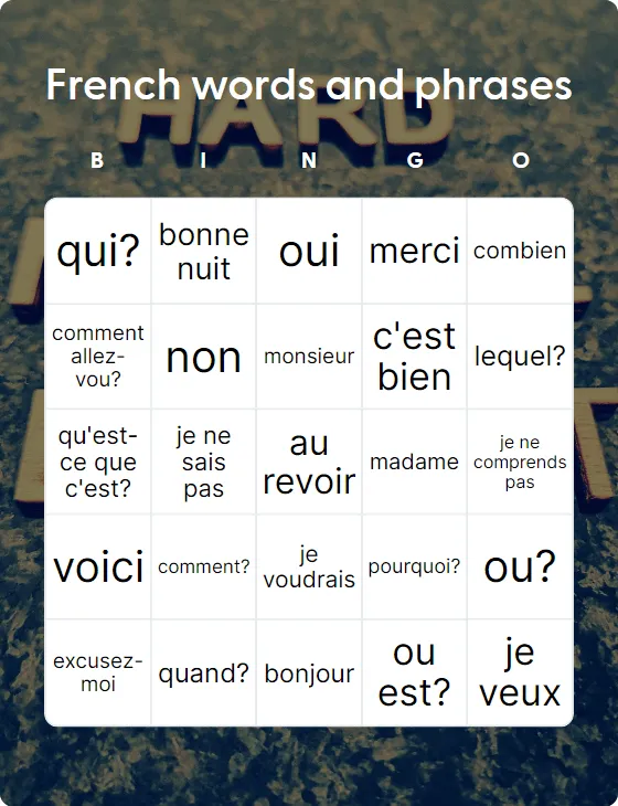 French words and phrases bingo