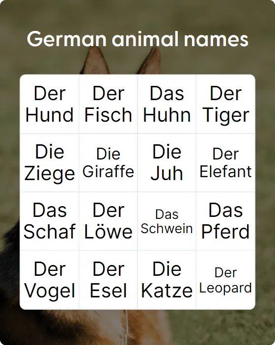 German animal names bingo card template