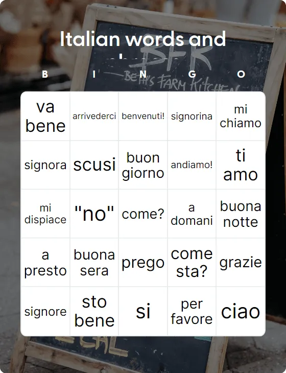 Italian words and phrases bingo