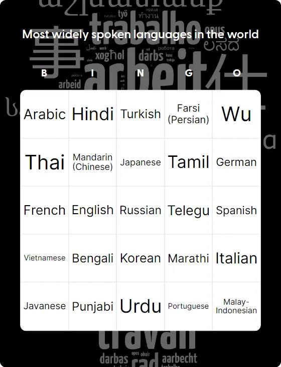 Most widely spoken languages in the world bingo