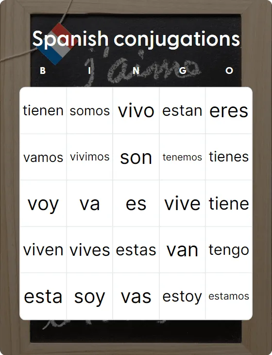 Spanish conjugations bingo card template