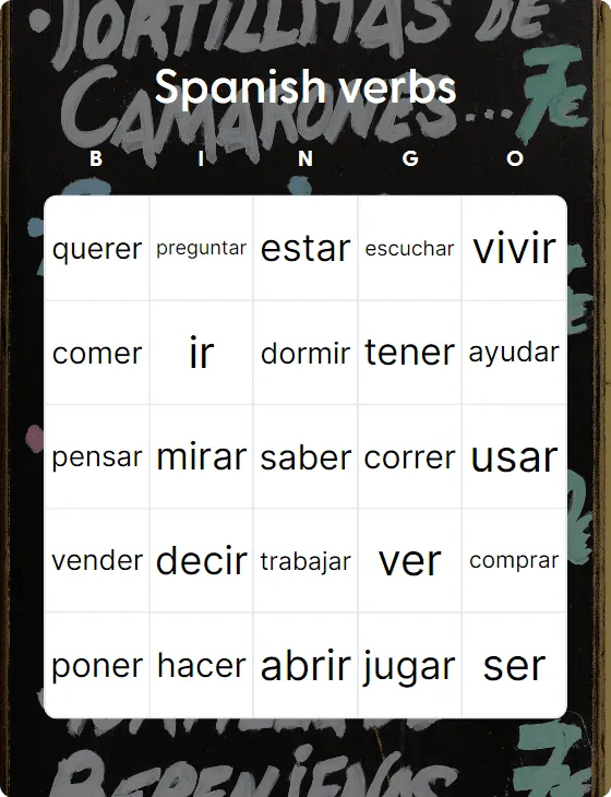 Spanish verbs bingo
