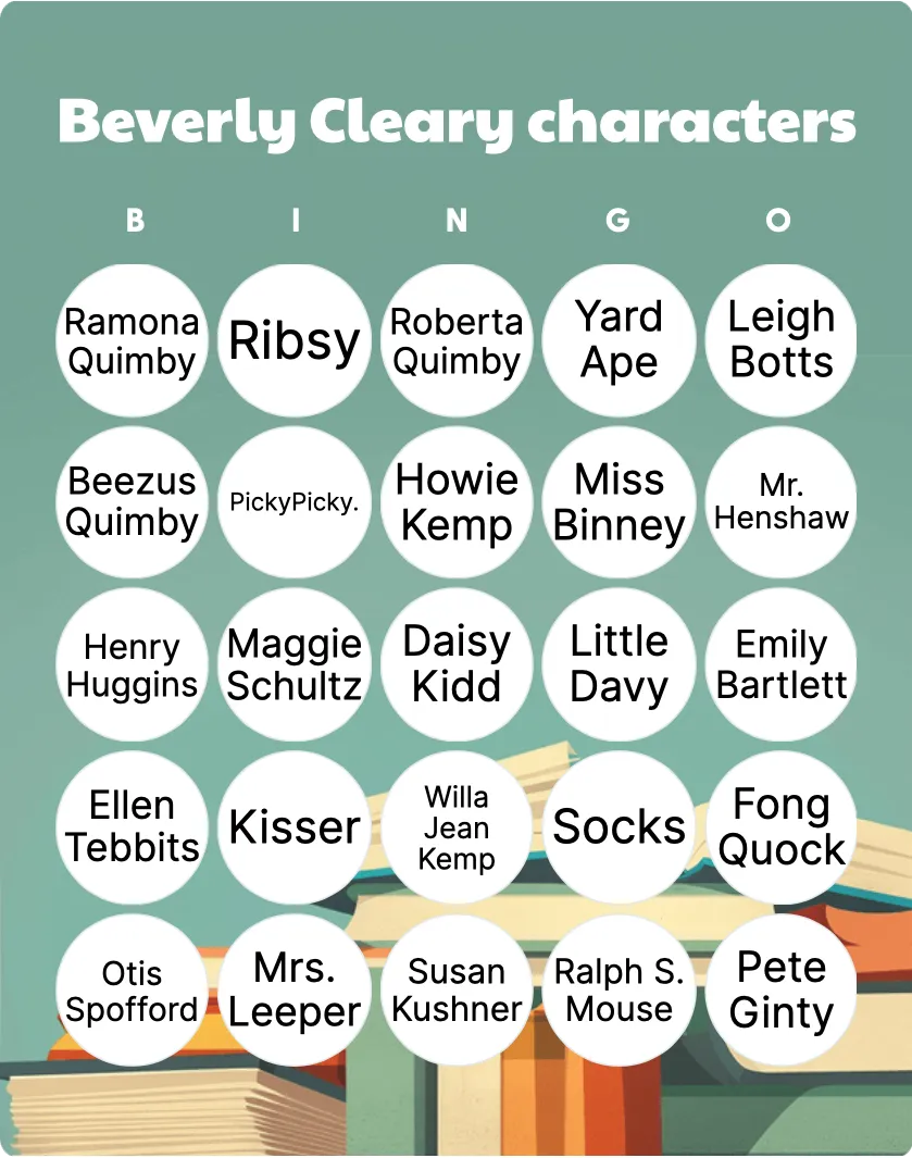 Beverly Cleary characters bingo card template