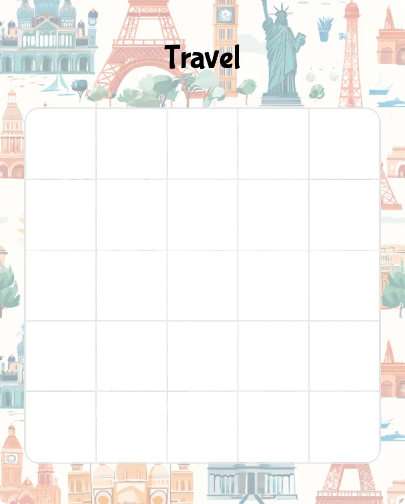 Travel blank bingo card template