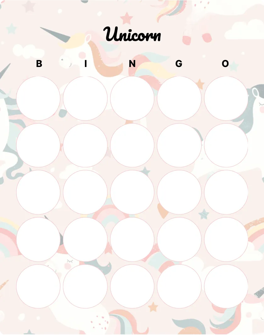 Unicorn blank bingo card template