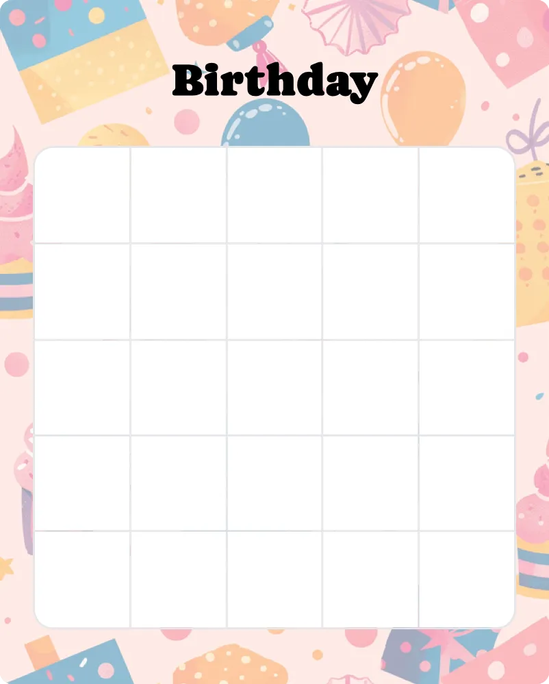 Birthday blank bingo card template