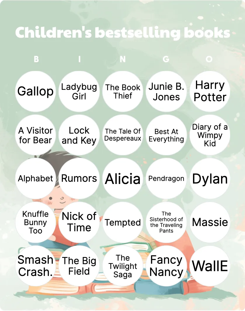 Children’s bestselling books bingo card template