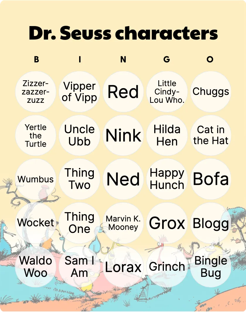 Dr. Seuss characters bingo card template