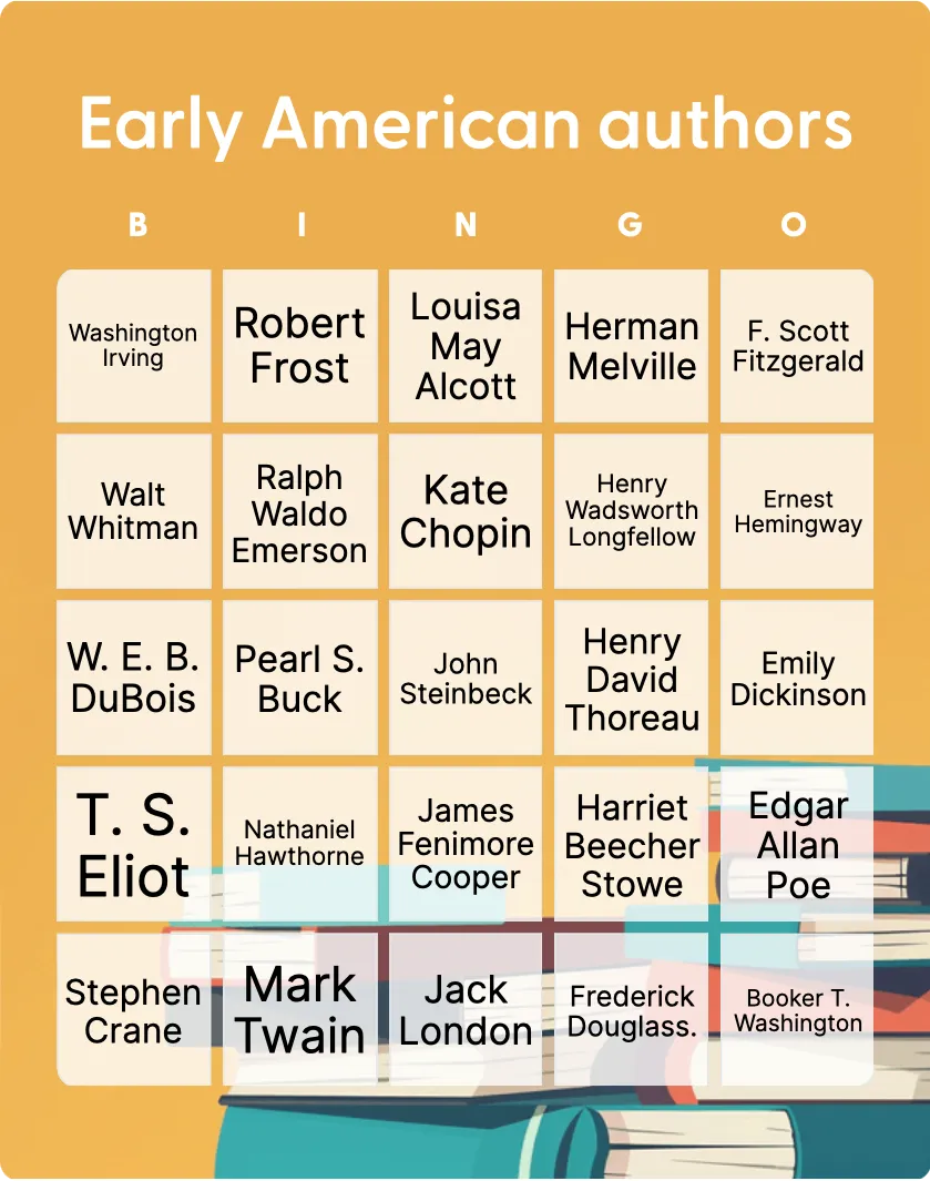 Early American authors bingo card template