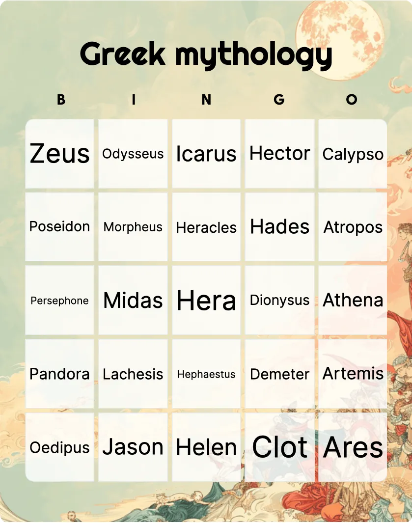 Greek mythology bingo