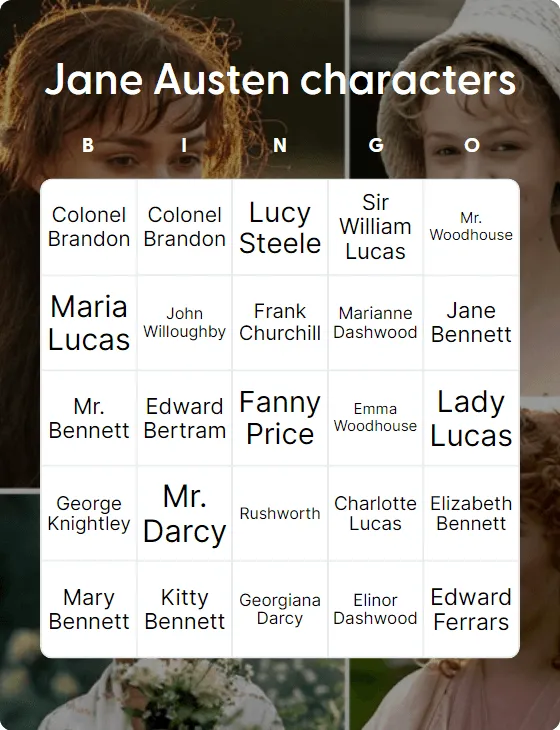Jane Austen characters bingo