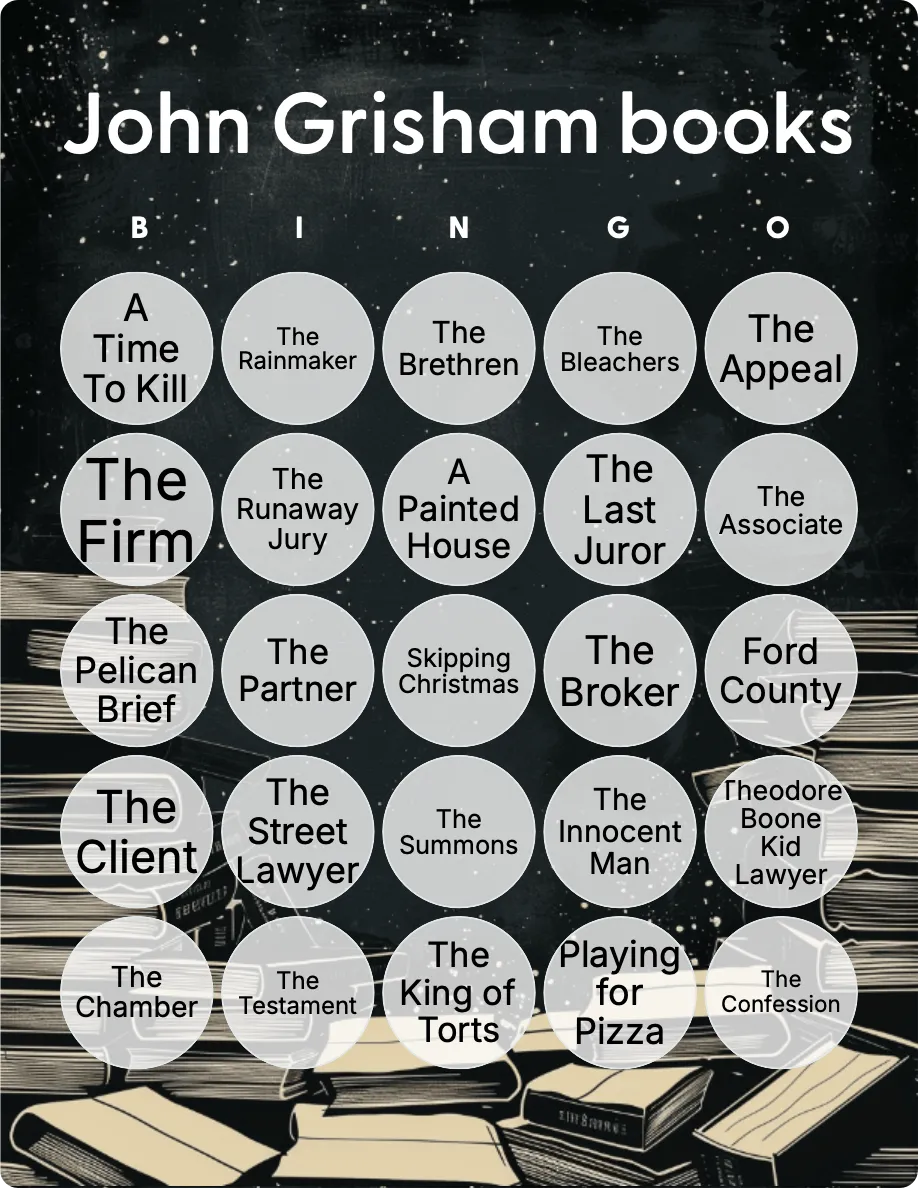 John Grisham books bingo card template