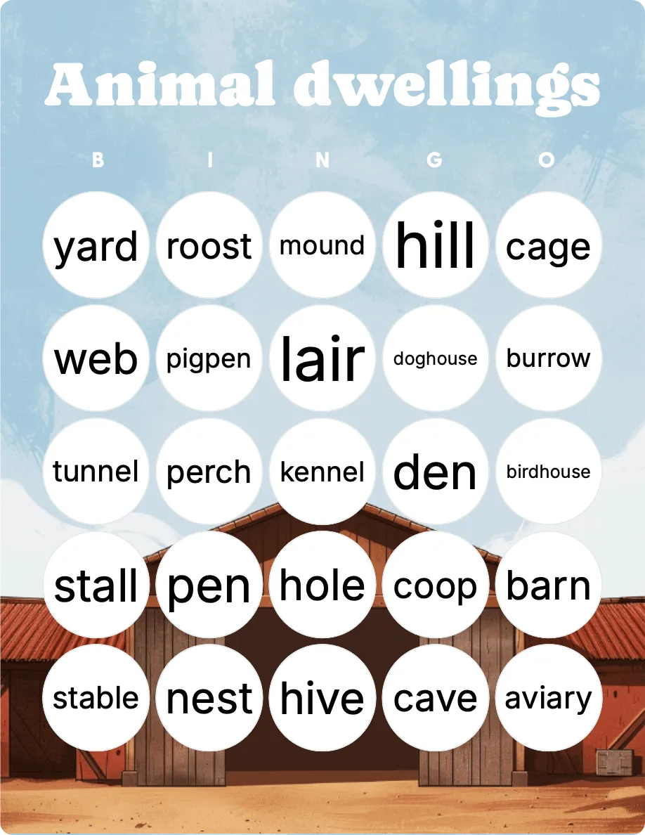 Animal dwellings bingo