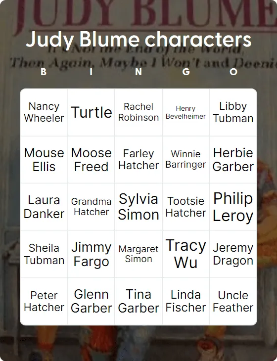 Judy Blume characters bingo