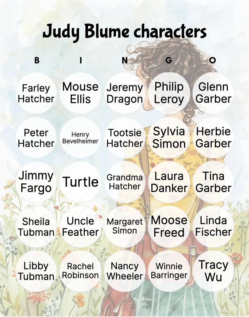 Judy Blume characters bingo card template