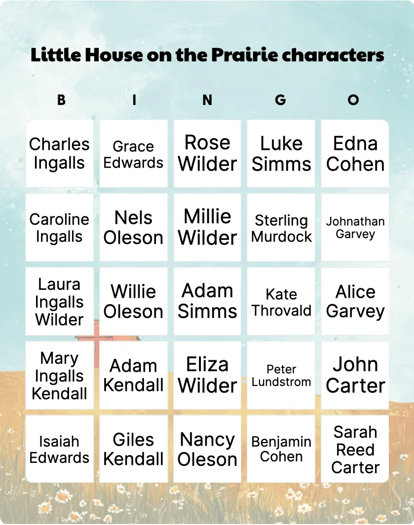 Little House on the Prairie characters bingo card template