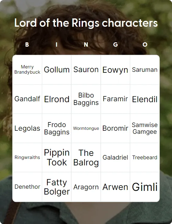 Lord of the Rings characters bingo