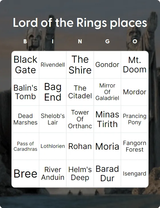 Lord of the Rings places bingo