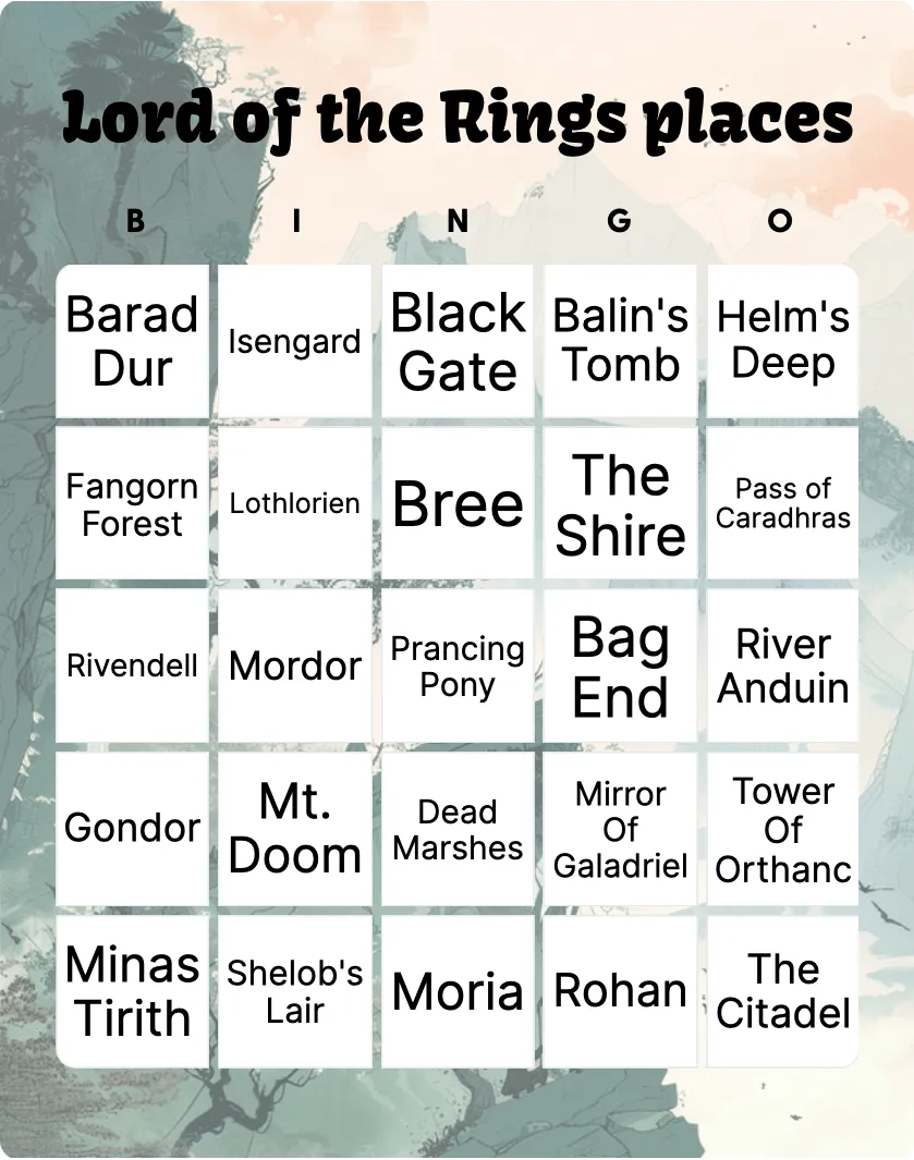 Lord of the Rings places bingo card template