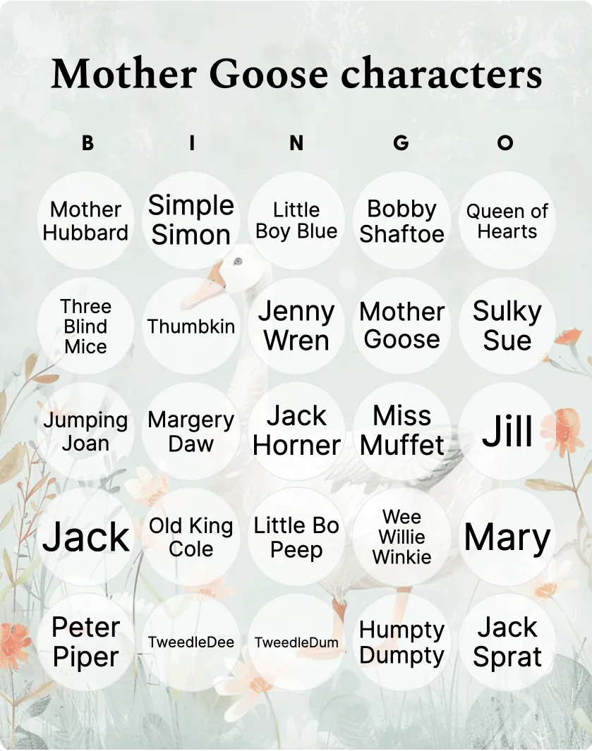 Mother Goose characters bingo card template