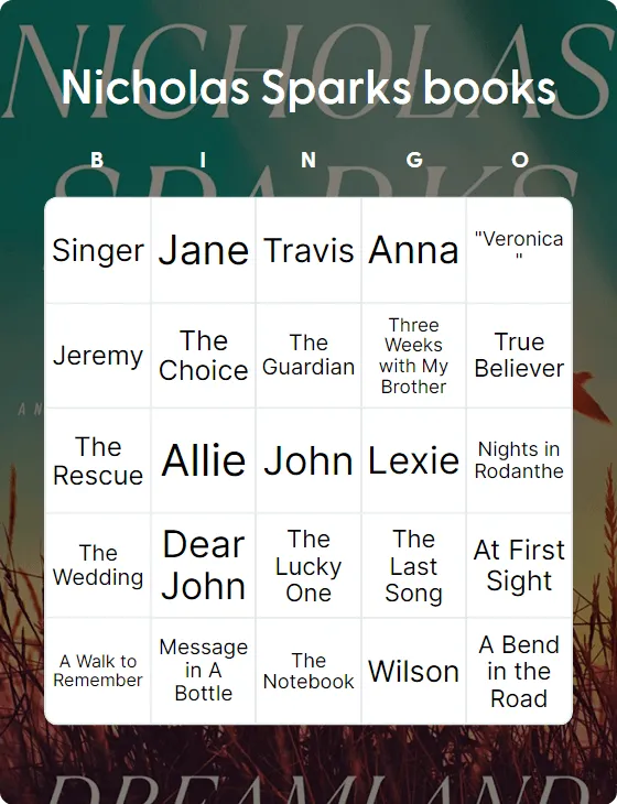 Nicholas Sparks books bingo