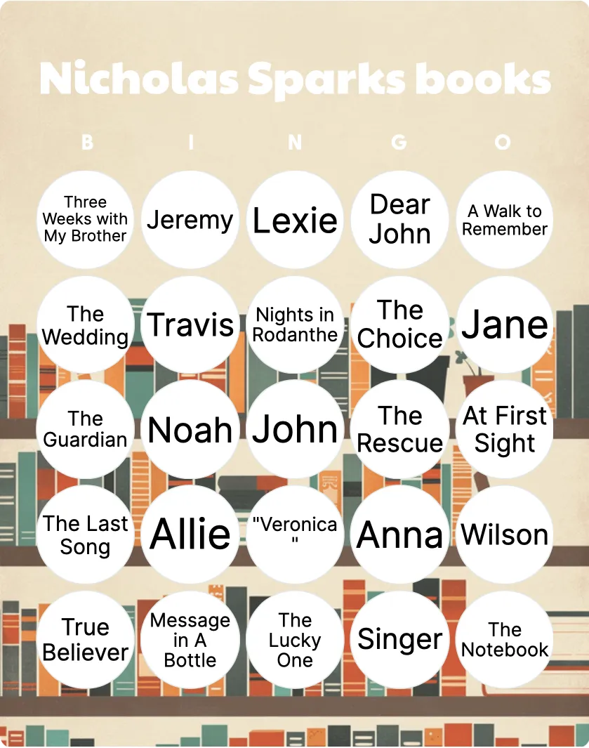 Nicholas Sparks books bingo card template