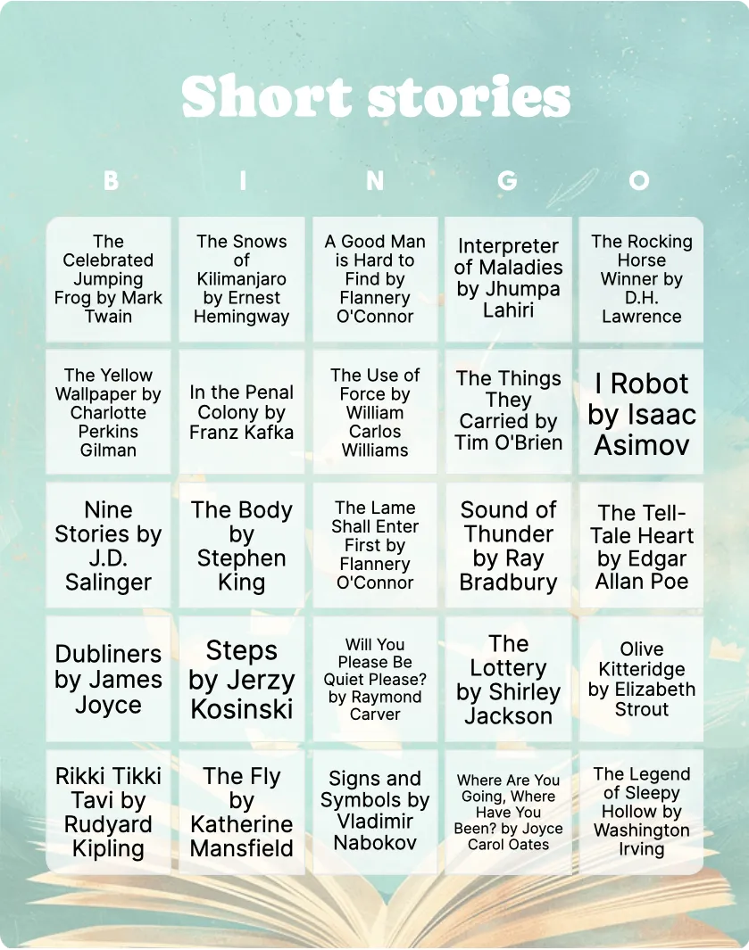 Short stories bingo card template