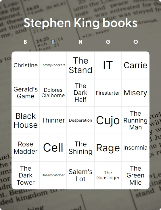 Stephen King books bingo