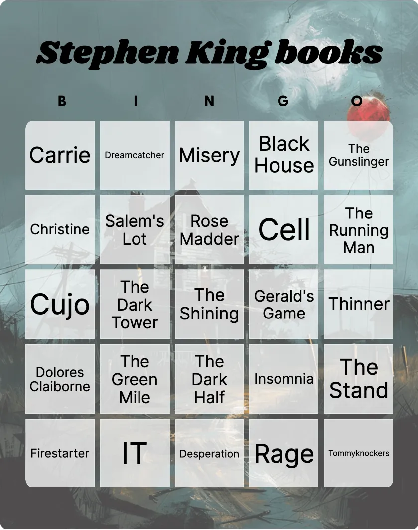 Stephen King books bingo card template