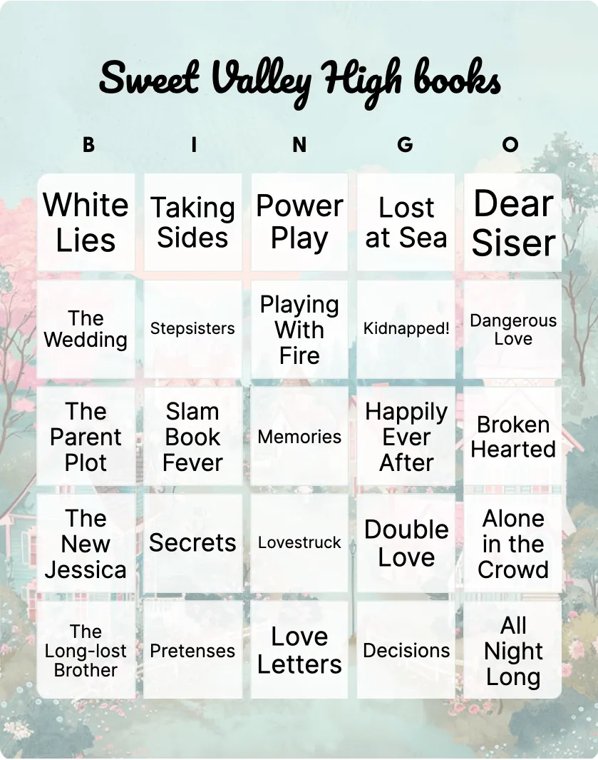 Sweet Valley High books bingo card template