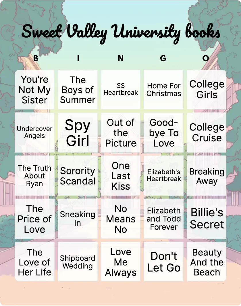 Sweet Valley University books bingo card template