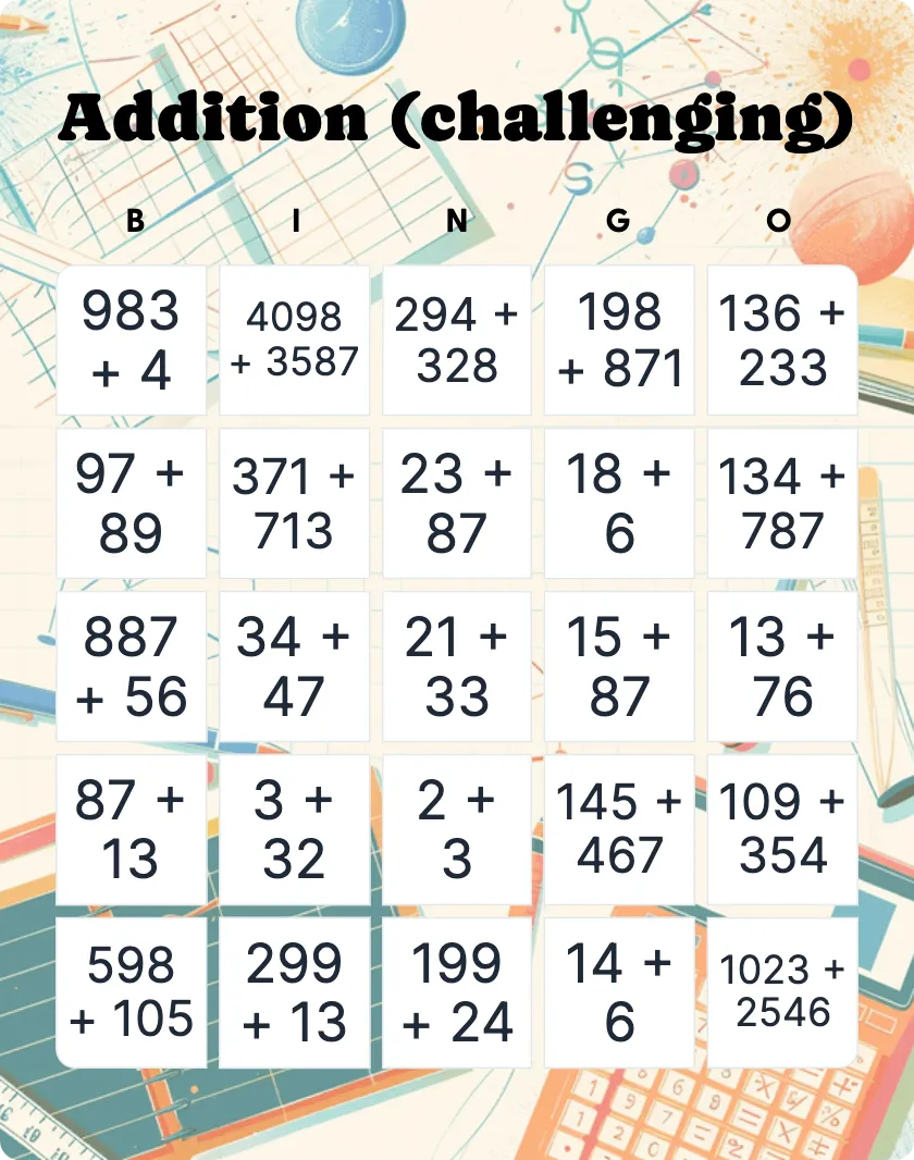 Addition (challenging) bingo card template