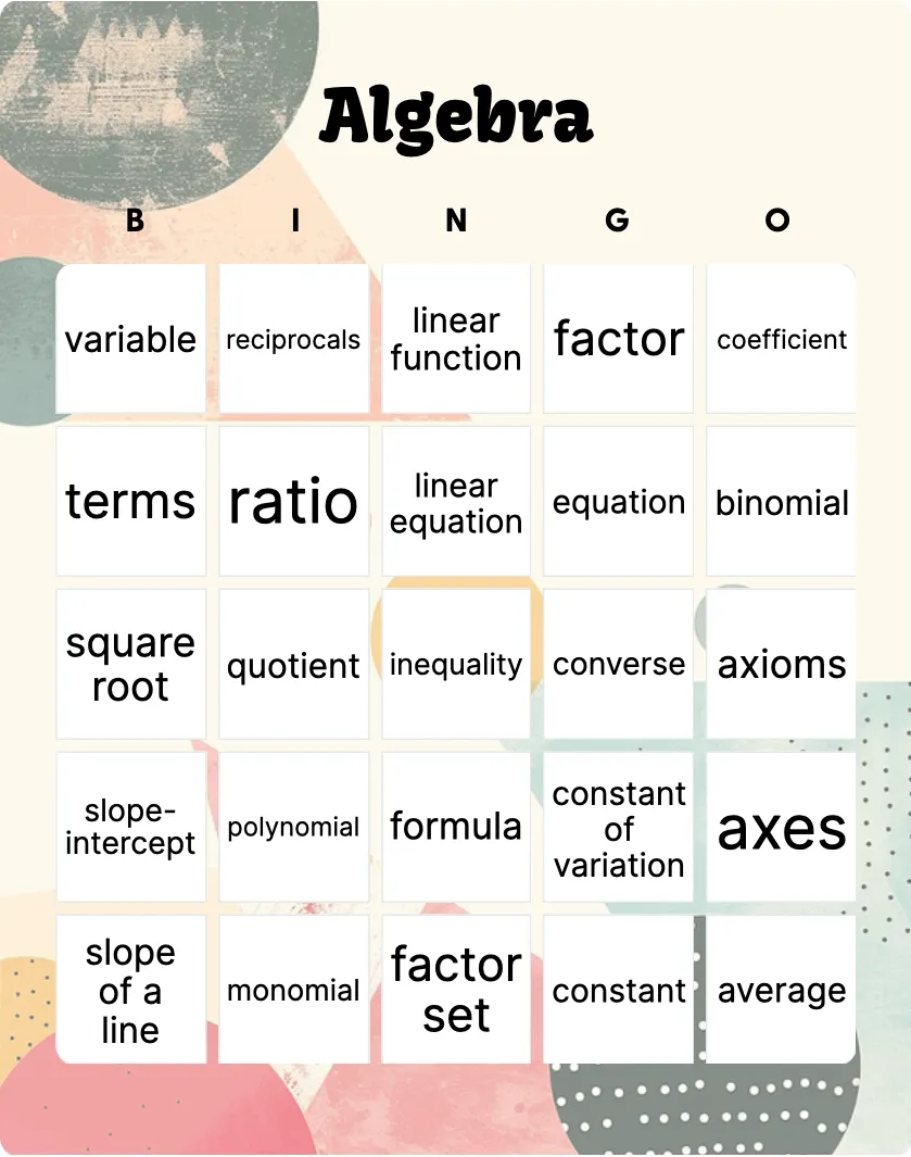 Algebra bingo card template