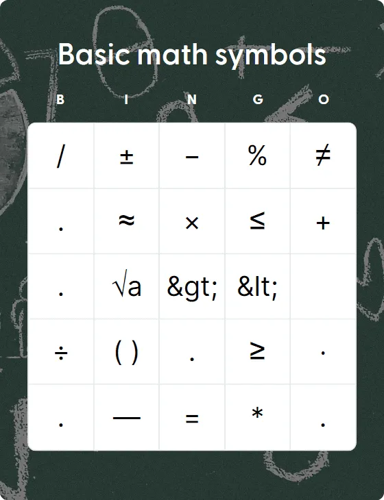 Basic math symbols bingo