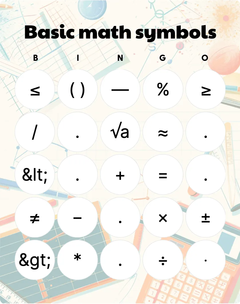 Basic math symbols bingo