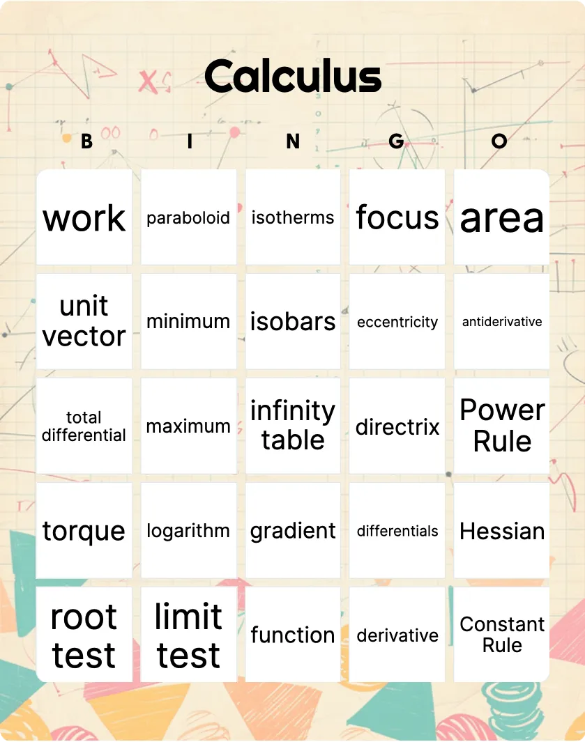 Calculus bingo card template