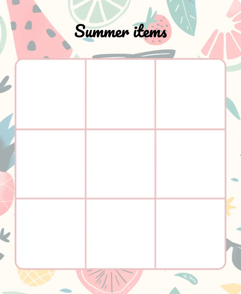 Summer items blank bingo card template