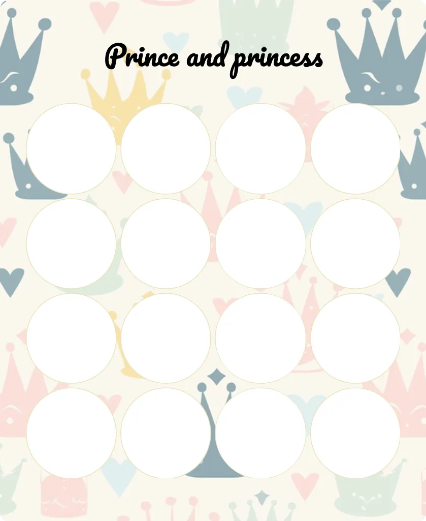 Prince and princess blank bingo card template