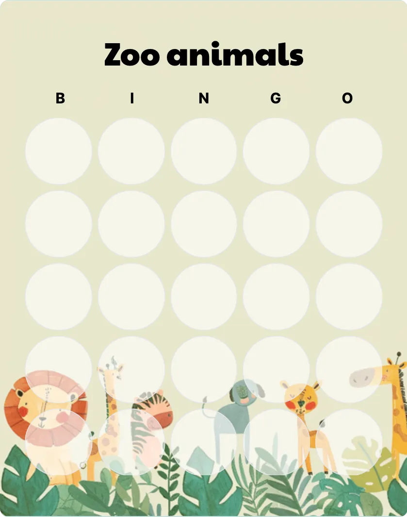 Zoo animals blank bingo card template