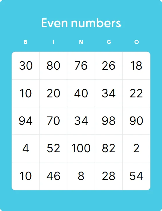 Even numbers bingo