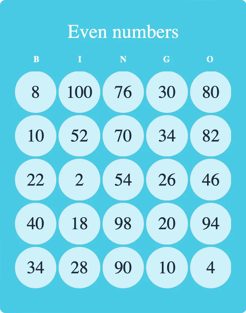 Even numbers bingo card template