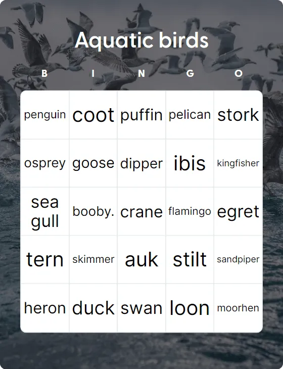 Aquatic birds bingo
