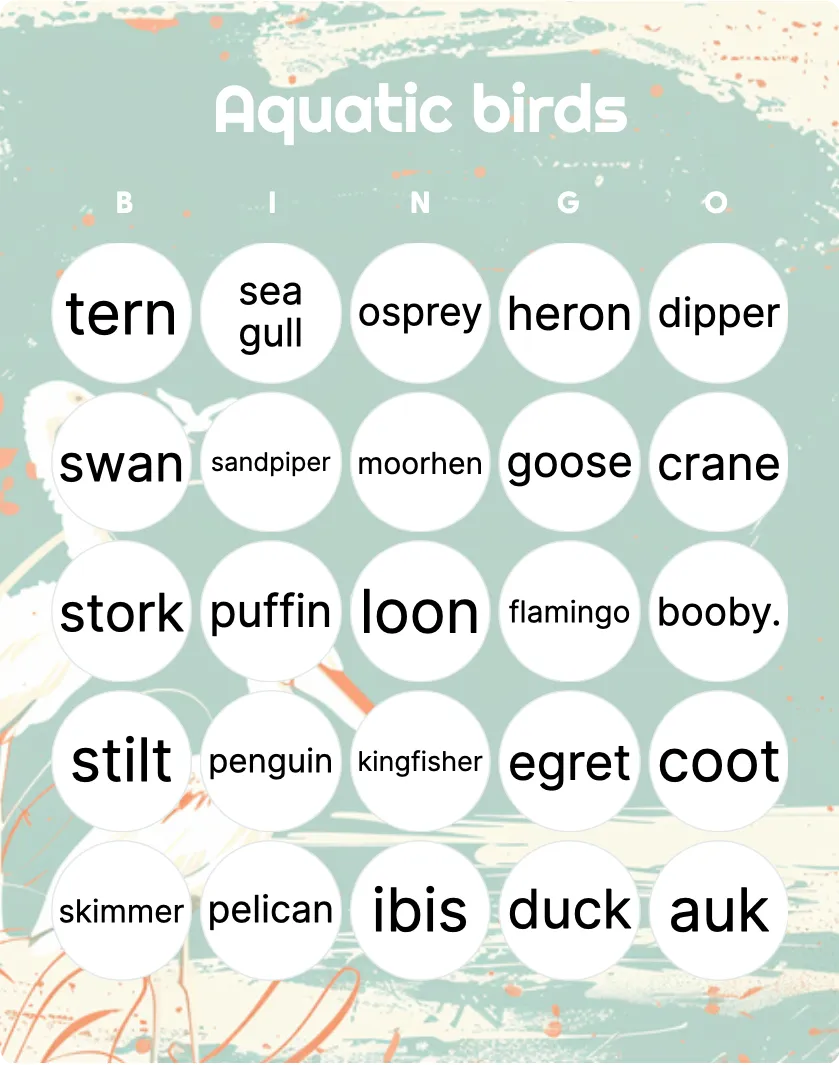 Aquatic birds bingo card template