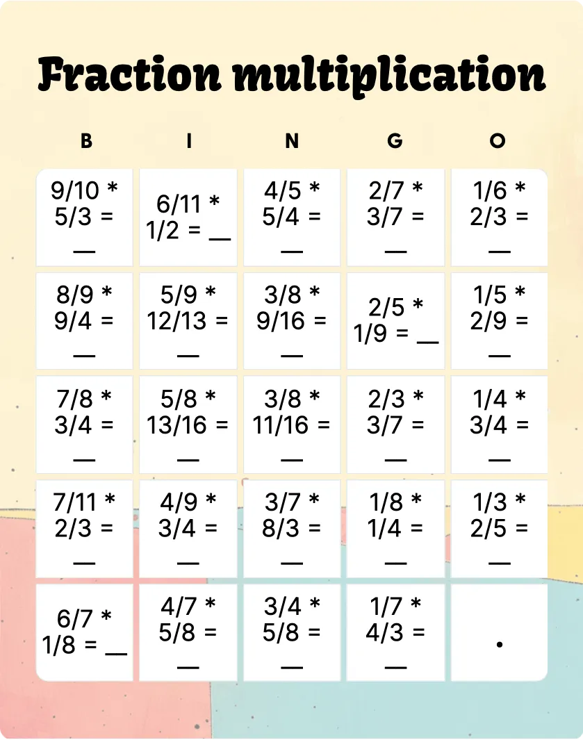 Fraction multiplication bingo card template